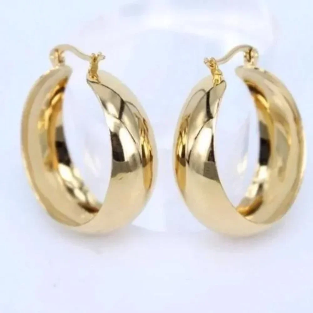 18K YELLOW GOLD 2” ROUND CHUNKY HOOP EARRINGS, BEAUTIFUL EARRINGS, CUTE EARRINGS - Picture 1 of 5